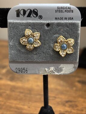 1928 Gold Floral Stud Earrings with Blue Center Stone